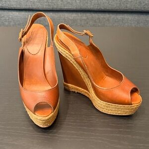VTG Christian Louboutin Praia 140 Cognac Leather Espadrille Wedges